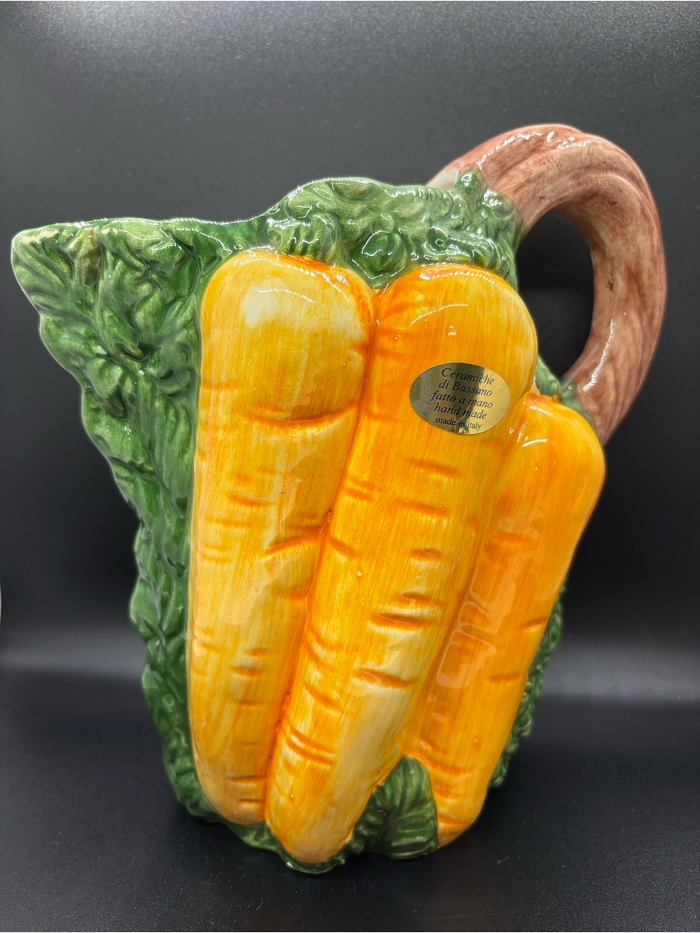 Italian Bassano Majolica Carrot Pitcher